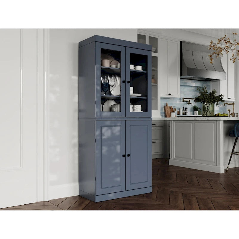 Imports 100% Solid Wood Pantry Cabinet with Frosted, Clear Glass or Solid Doors, 2-Drawers and Adjustable Shelves