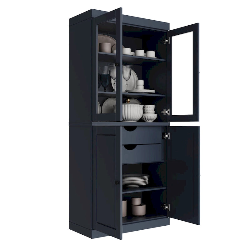 Imports 100% Solid Wood Pantry Cabinet with Frosted, Clear Glass or Solid Doors, 2-Drawers and Adjustable Shelves