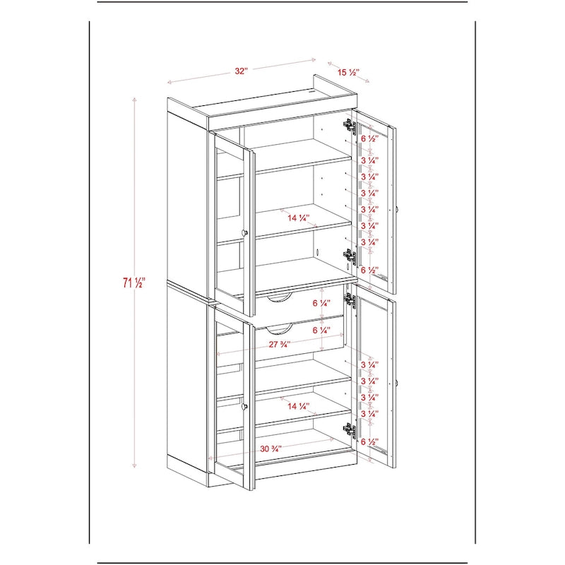 Imports 100% Solid Wood Pantry Cabinet with Frosted, Clear Glass or Solid Doors, 2-Drawers and Adjustable Shelves