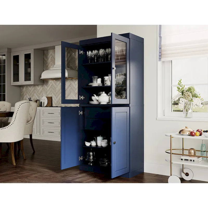 Imports 100% Solid Wood Pantry Cabinet with Frosted, Clear Glass or Solid Doors, 2-Drawers and Adjustable Shelves