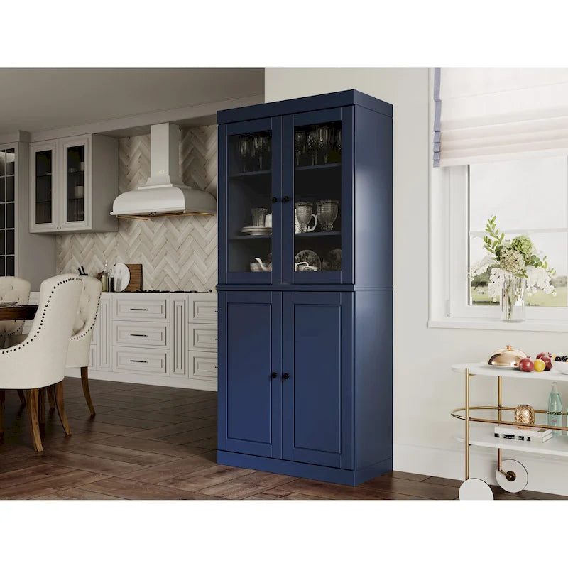 Imports 100% Solid Wood Pantry Cabinet with Frosted, Clear Glass or Solid Doors, 2-Drawers and Adjustable Shelves