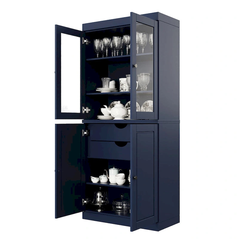 Imports 100% Solid Wood Pantry Cabinet with Frosted, Clear Glass or Solid Doors, 2-Drawers and Adjustable Shelves
