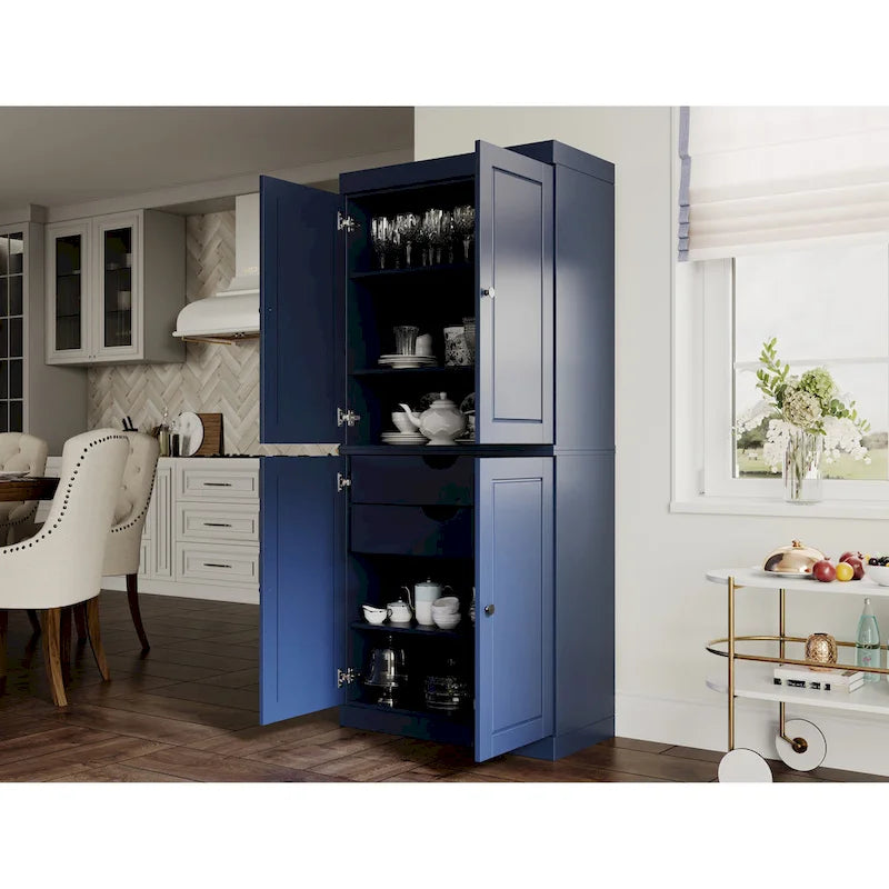 Imports 100% Solid Wood Pantry Cabinet with Frosted, Clear Glass or Solid Doors, 2-Drawers and Adjustable Shelves