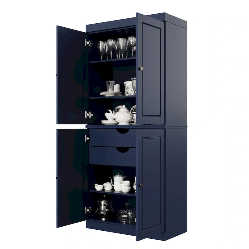 Imports 100% Solid Wood Pantry Cabinet with Frosted, Clear Glass or Solid Doors, 2-Drawers and Adjustable Shelves