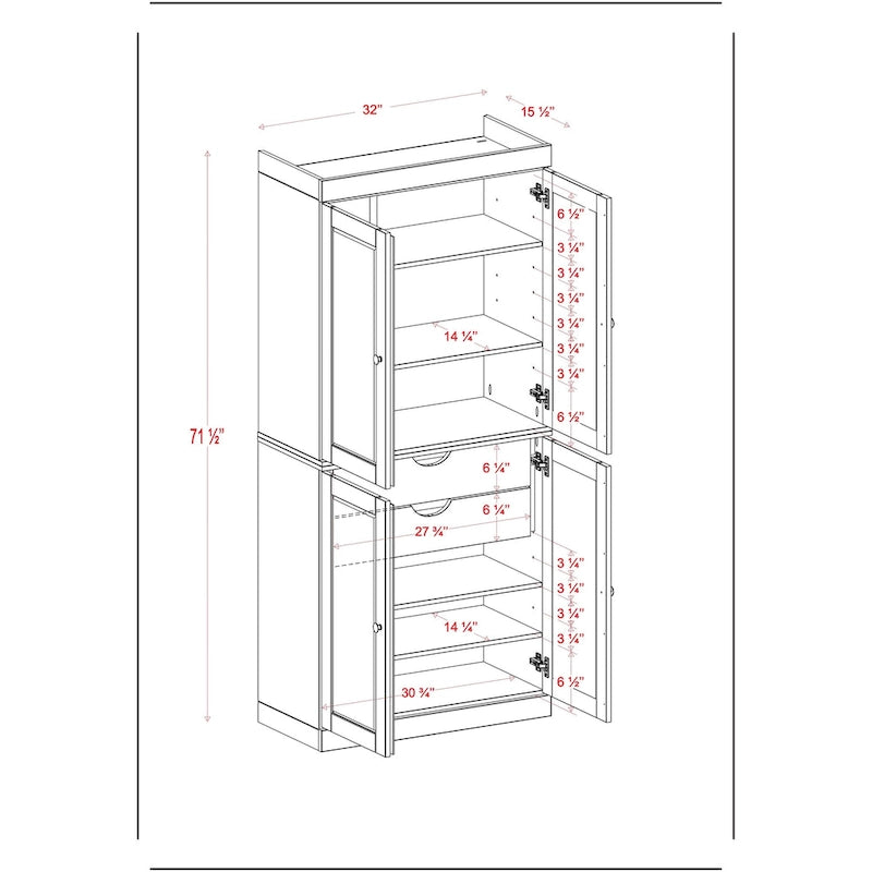 Imports 100% Solid Wood Pantry Cabinet with Frosted, Clear Glass or Solid Doors, 2-Drawers and Adjustable Shelves