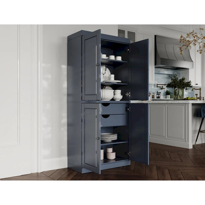 Imports 100% Solid Wood Pantry Cabinet with Frosted, Clear Glass or Solid Doors, 2-Drawers and Adjustable Shelves