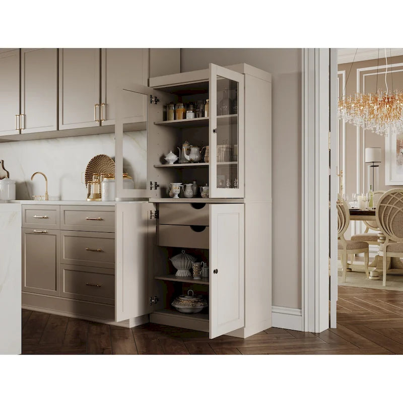 Imports 100% Solid Wood Pantry Cabinet with Frosted, Clear Glass or Solid Doors, 2-Drawers and Adjustable Shelves