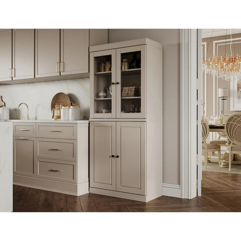 Imports 100% Solid Wood Pantry Cabinet with Frosted, Clear Glass or Solid Doors, 2-Drawers and Adjustable Shelves