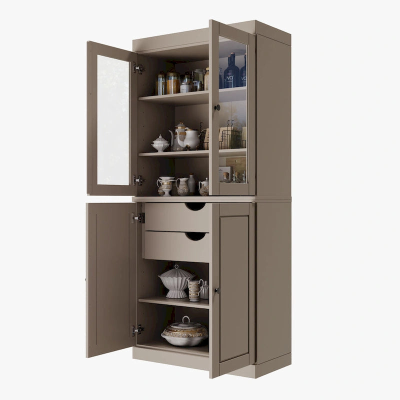 Imports 100% Solid Wood Pantry Cabinet with Frosted, Clear Glass or Solid Doors, 2-Drawers and Adjustable Shelves