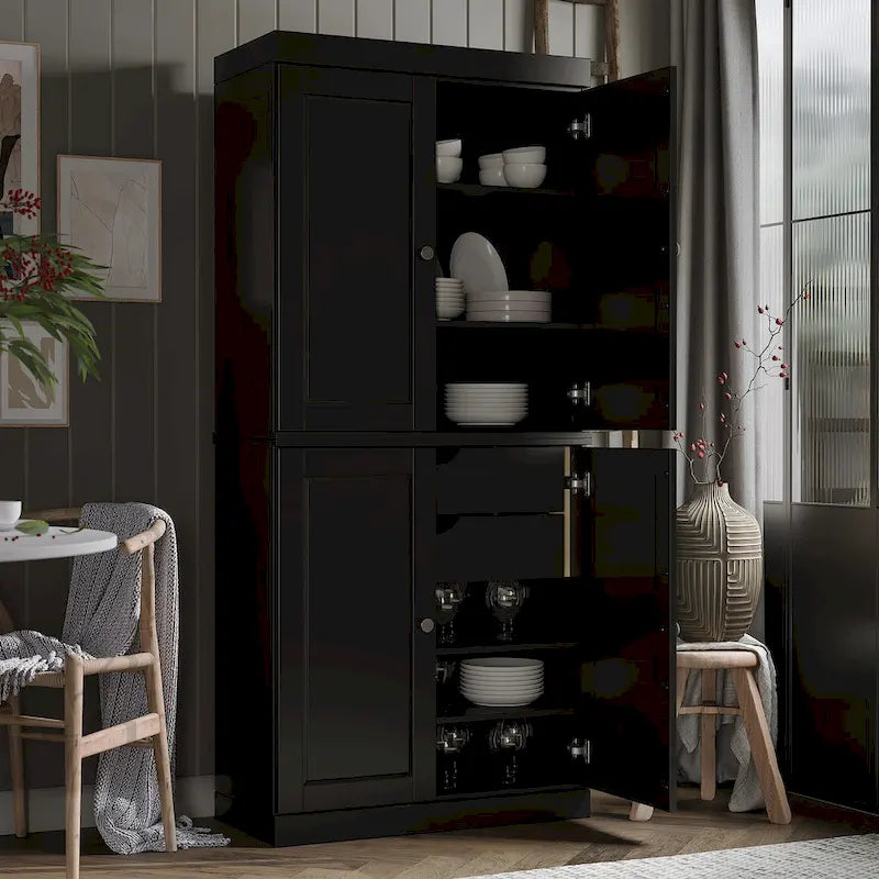 Imports 100% Solid Wood Pantry Cabinet with Frosted, Clear Glass or Solid Doors, 2-Drawers and Adjustable Shelves