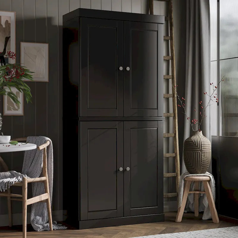 Imports 100% Solid Wood Pantry Cabinet with Frosted, Clear Glass or Solid Doors, 2-Drawers and Adjustable Shelves