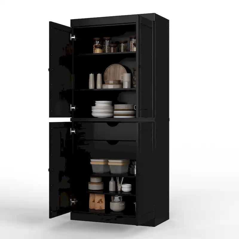 Imports 100% Solid Wood Pantry Cabinet with Frosted, Clear Glass or Solid Doors, 2-Drawers and Adjustable Shelves