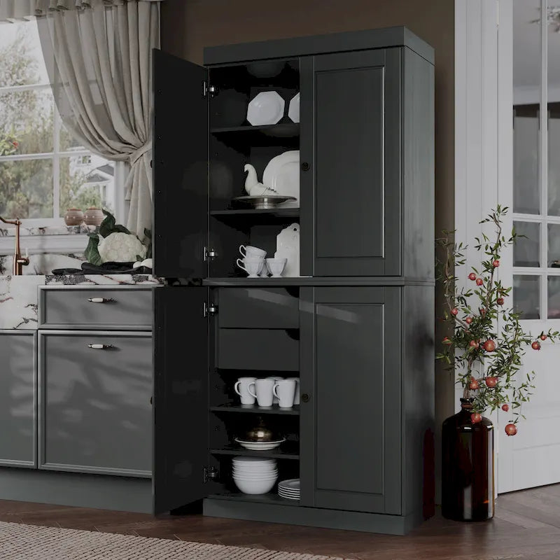 Imports 100% Solid Wood Pantry Cabinet with Frosted, Clear Glass or Solid Doors, 2-Drawers and Adjustable Shelves