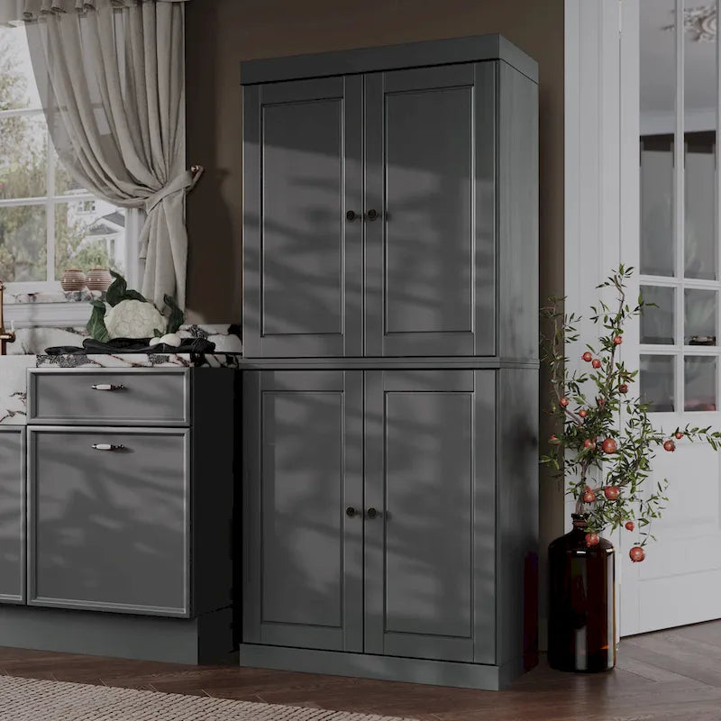 Imports 100% Solid Wood Pantry Cabinet with Frosted, Clear Glass or Solid Doors, 2-Drawers and Adjustable Shelves