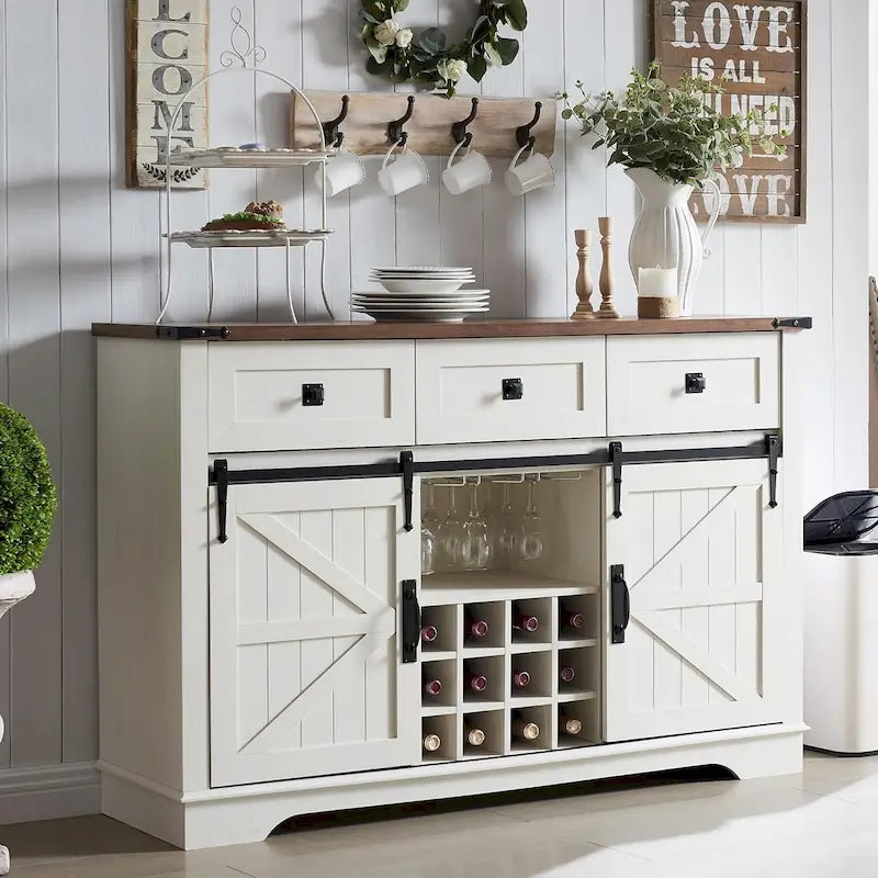 Farmhouse Bar Cabinet, Coffee/Wine Bar Cabinet w/Wine & Glass Rack