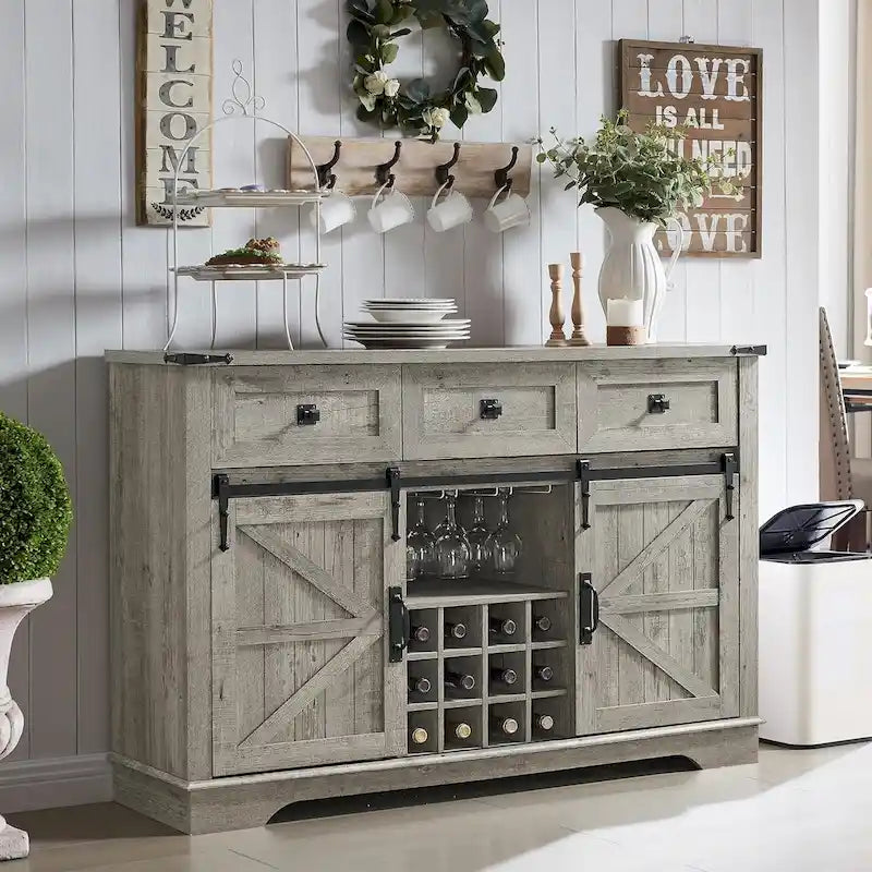 Farmhouse Bar Cabinet, Coffee/Wine Bar Cabinet w/Wine & Glass Rack