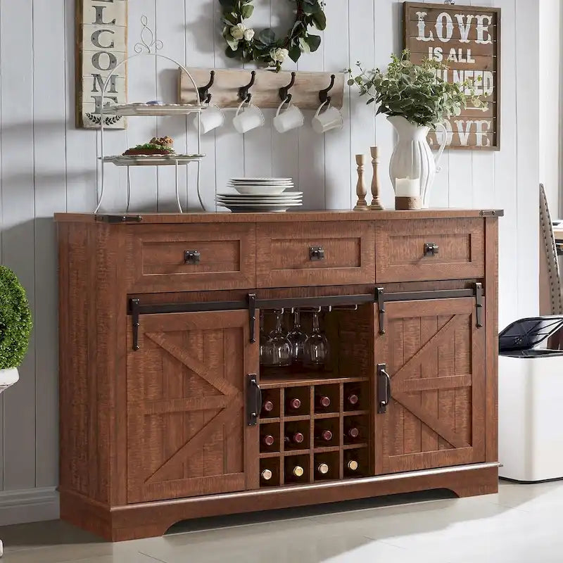 Farmhouse Bar Cabinet, Coffee/Wine Bar Cabinet w/Wine & Glass Rack