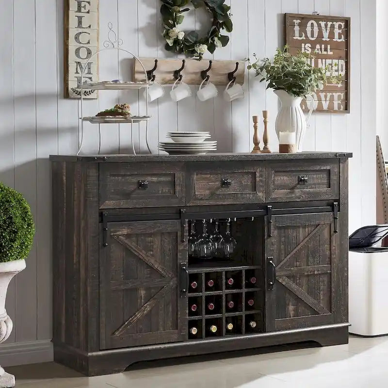 Farmhouse Bar Cabinet, Coffee/Wine Bar Cabinet w/Wine & Glass Rack
