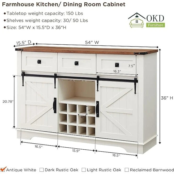Farmhouse Bar Cabinet, Coffee/Wine Bar Cabinet w/Wine & Glass Rack