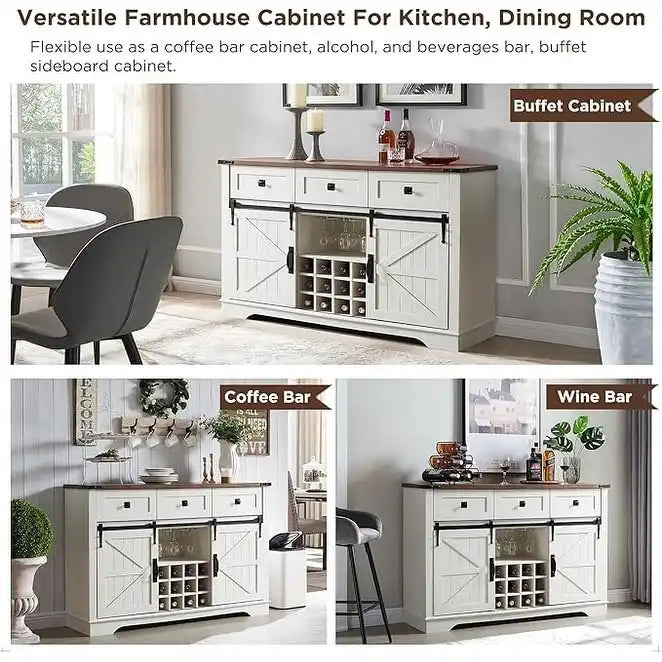 Farmhouse Bar Cabinet, Coffee/Wine Bar Cabinet w/Wine & Glass Rack