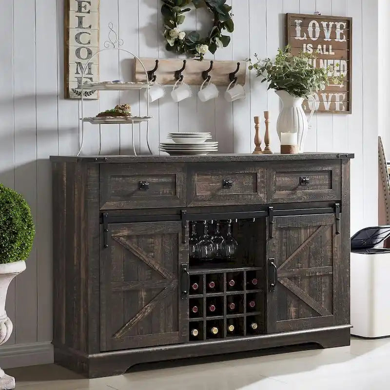 Farmhouse Bar Cabinet, Coffee/Wine Bar Cabinet w/Wine & Glass Rack