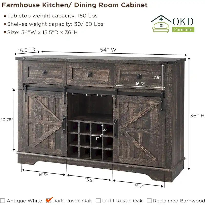 Farmhouse Bar Cabinet, Coffee/Wine Bar Cabinet w/Wine & Glass Rack
