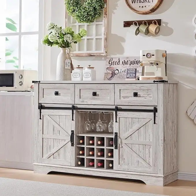 Farmhouse Bar Cabinet, Coffee/Wine Bar Cabinet w/Wine & Glass Rack