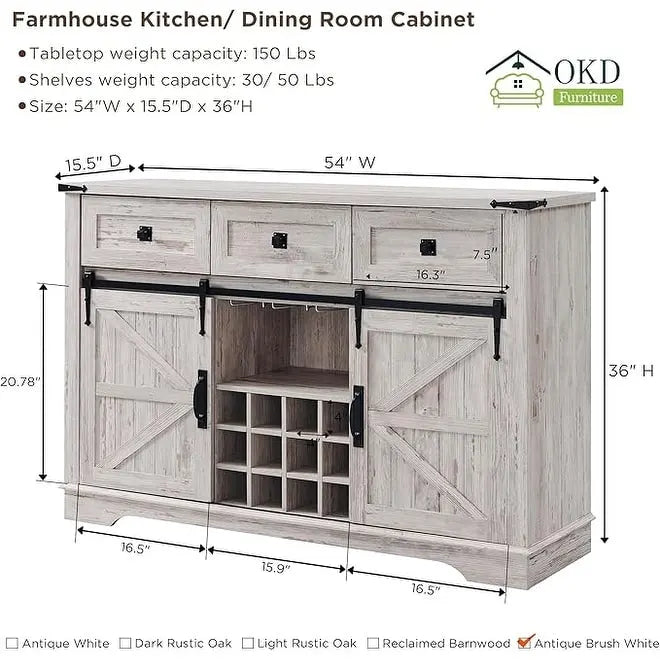 Farmhouse Bar Cabinet, Coffee/Wine Bar Cabinet w/Wine & Glass Rack