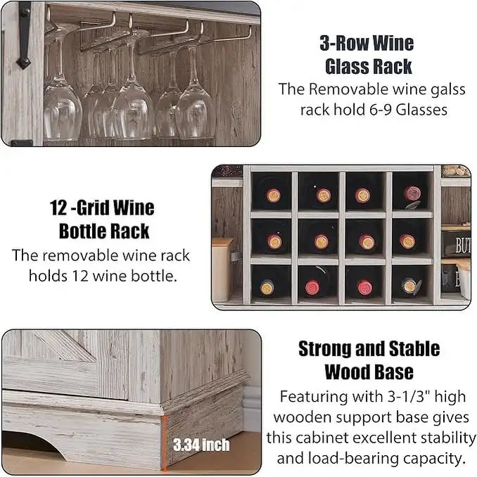 Farmhouse Bar Cabinet, Coffee/Wine Bar Cabinet w/Wine & Glass Rack