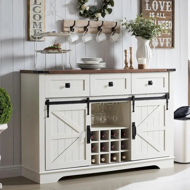 Farmhouse Bar Cabinet, Coffee/Wine Bar Cabinet w/Wine & Glass Rack