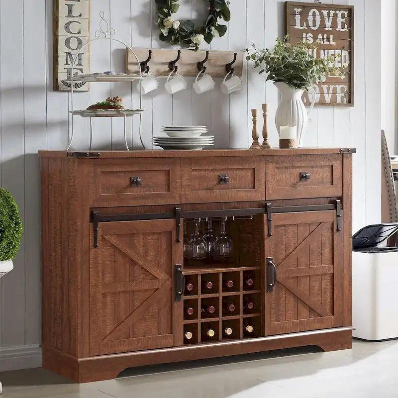 Farmhouse Bar Cabinet, Coffee/Wine Bar Cabinet w/Wine & Glass Rack