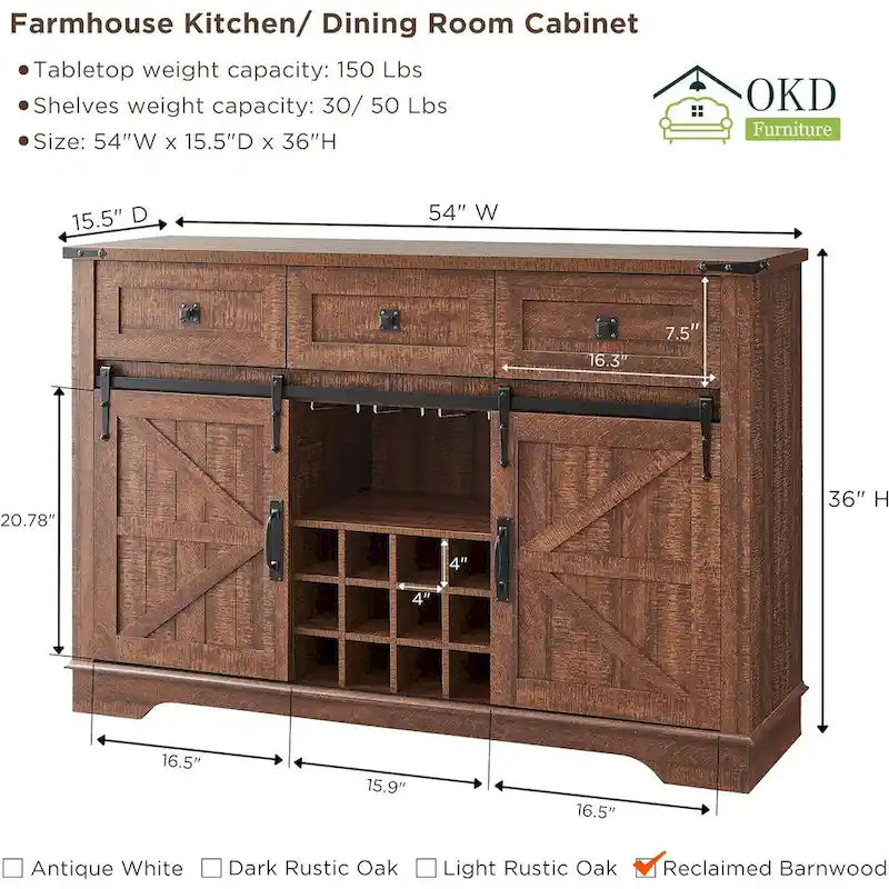 Farmhouse Bar Cabinet, Coffee/Wine Bar Cabinet w/Wine & Glass Rack