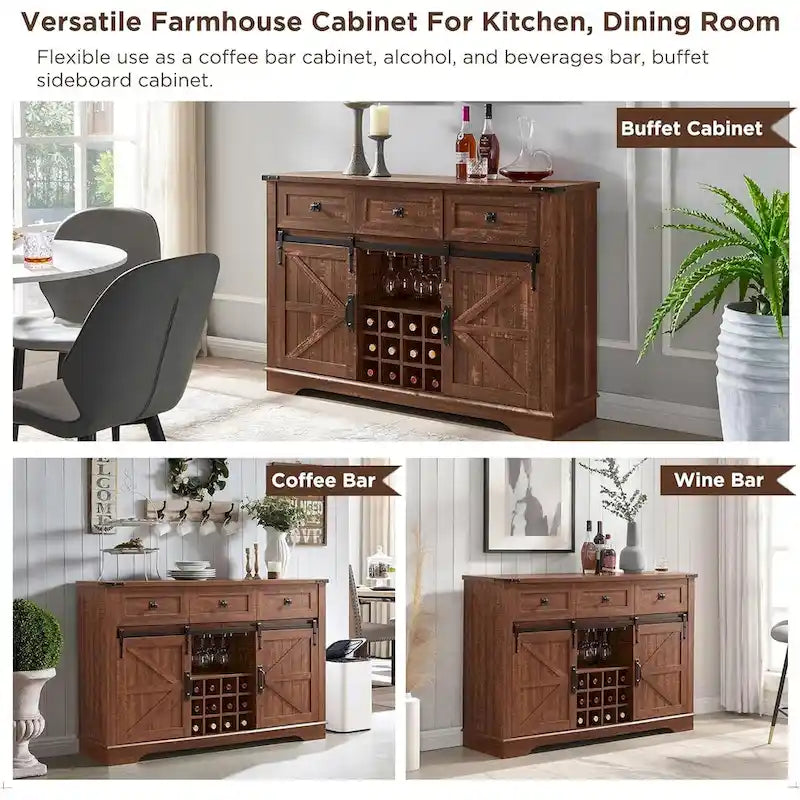 Farmhouse Bar Cabinet, Coffee/Wine Bar Cabinet w/Wine & Glass Rack