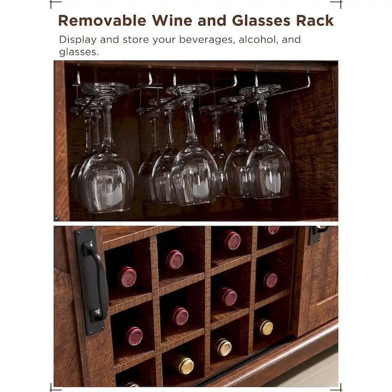 Farmhouse Bar Cabinet, Coffee/Wine Bar Cabinet w/Wine & Glass Rack