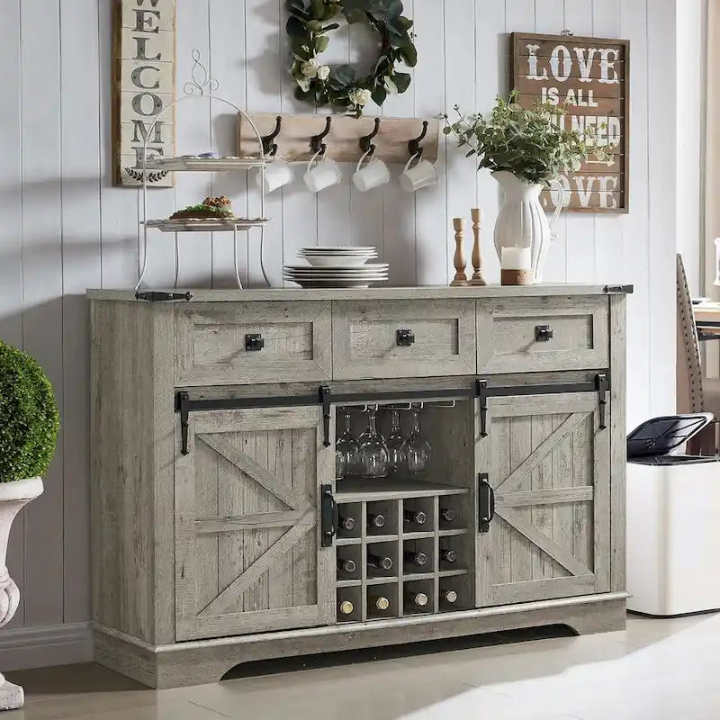 Farmhouse Bar Cabinet, Coffee/Wine Bar Cabinet w/Wine & Glass Rack
