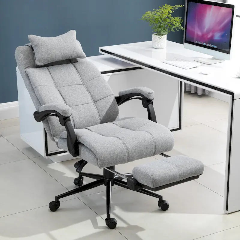 Executive Linen Fabric Home Office Chair with Retractable Footrest, Headrest, and Lumbar Support
