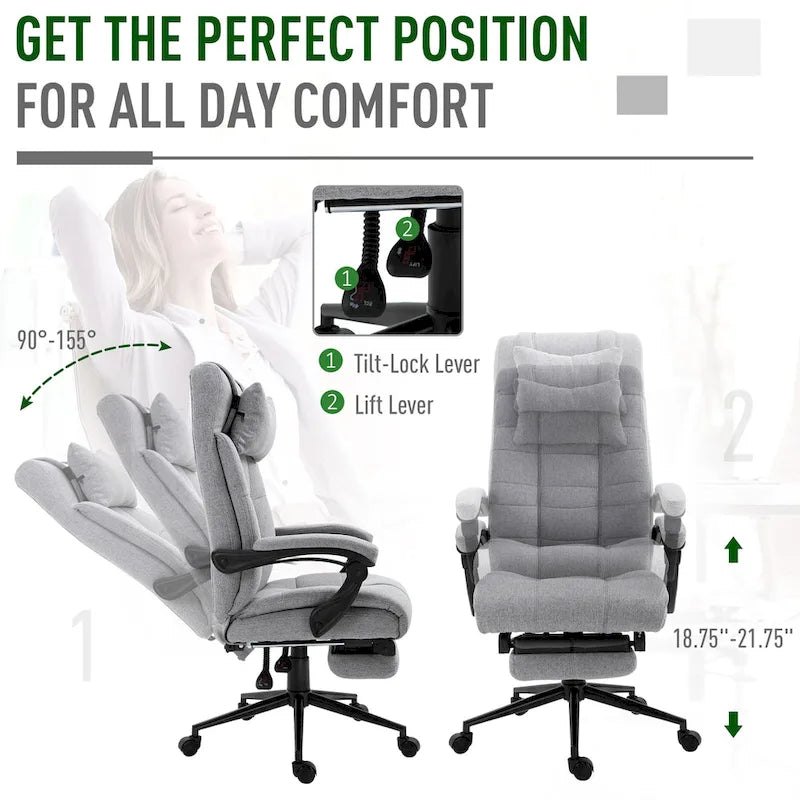 Executive Linen Fabric Home Office Chair with Retractable Footrest, Headrest, and Lumbar Support