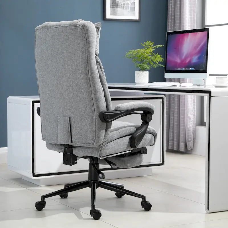 Executive Linen Fabric Home Office Chair with Retractable Footrest, Headrest, and Lumbar Support