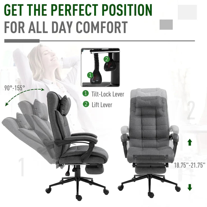 Executive Linen Fabric Home Office Chair with Retractable Footrest, Headrest, and Lumbar Support
