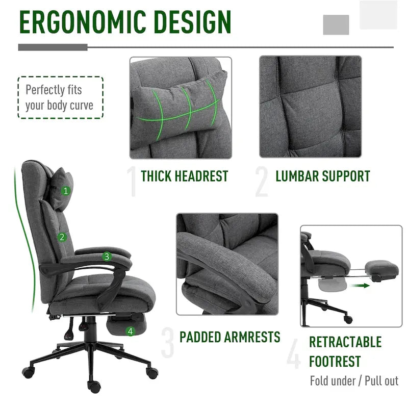 Executive Linen Fabric Home Office Chair with Retractable Footrest, Headrest, and Lumbar Support