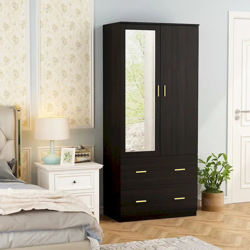 31.5W x 72H Two Door Wardrobe With Mirror White/Dark Brown Armoires - 31.5W x 72H