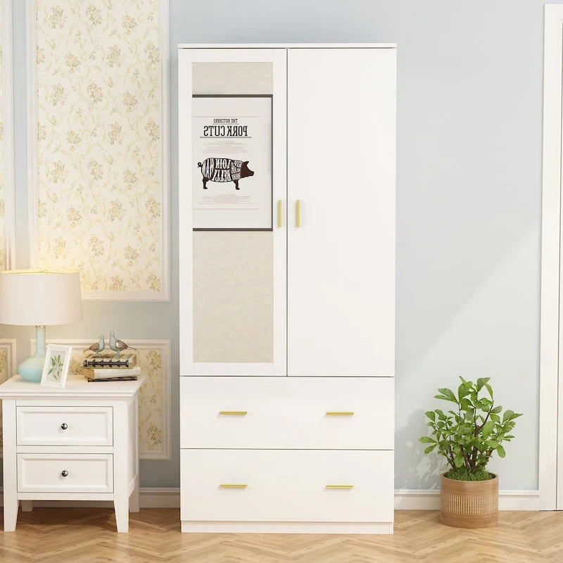 31.5W x 72H Two Door Wardrobe With Mirror White/Dark Brown Armoires - 31.5W x 72H