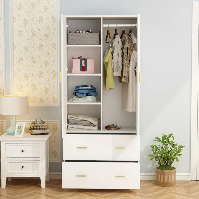 31.5W x 72H Two Door Wardrobe With Mirror White/Dark Brown Armoires - 31.5W x 72H