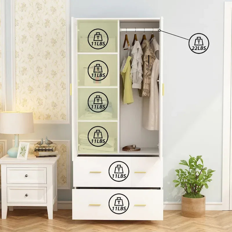 31.5W x 72H Two Door Wardrobe With Mirror White/Dark Brown Armoires - 31.5W x 72H
