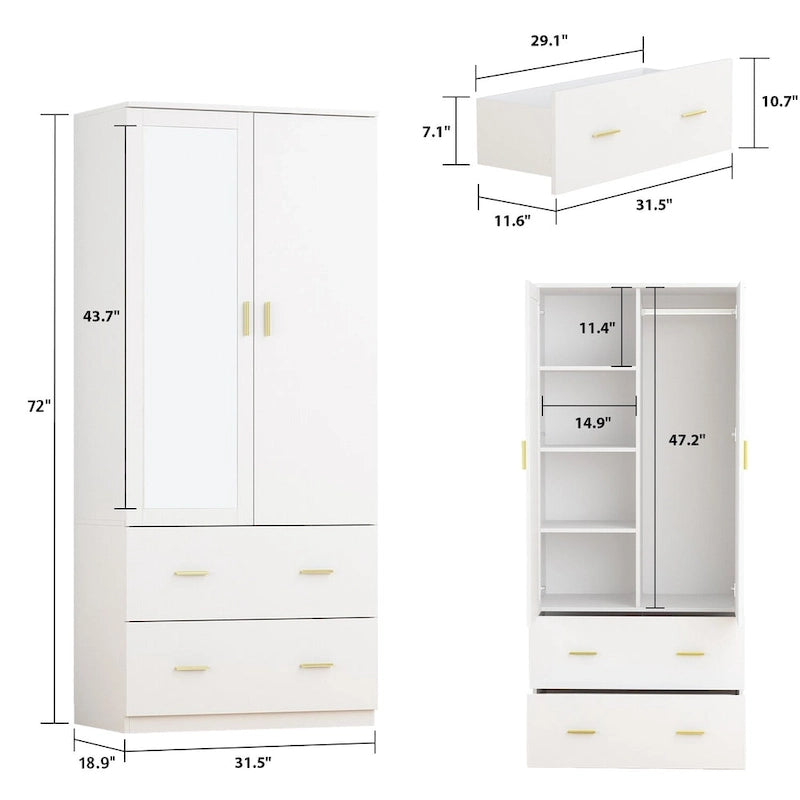31.5W x 72H Two Door Wardrobe With Mirror White/Dark Brown Armoires - 31.5W x 72H