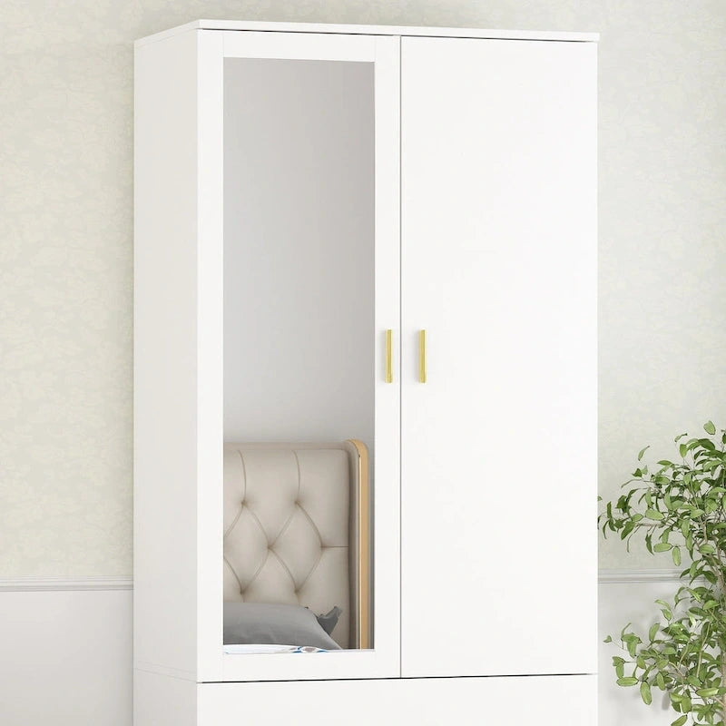 31.5W x 72H Two Door Wardrobe With Mirror White/Dark Brown Armoires - 31.5W x 72H