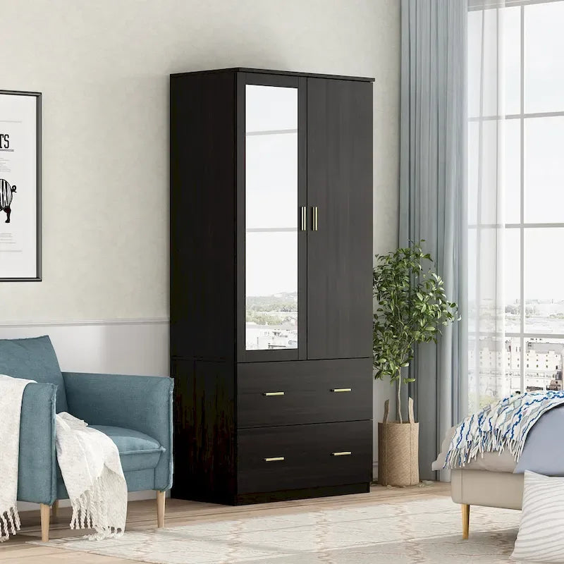 31.5W x 72H Two Door Wardrobe With Mirror White/Dark Brown Armoires - 31.5W x 72H