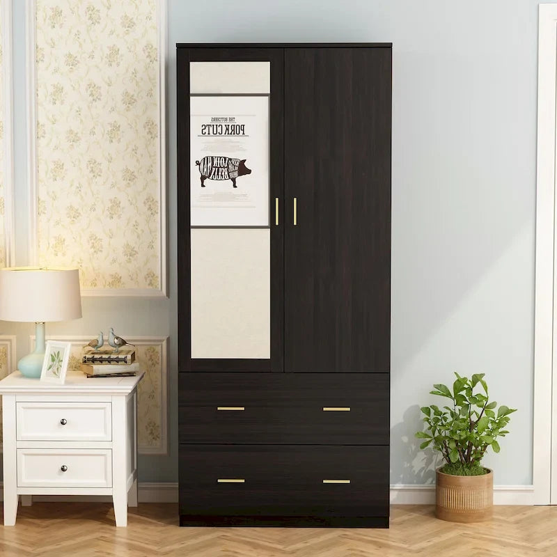 31.5W x 72H Two Door Wardrobe With Mirror White/Dark Brown Armoires - 31.5W x 72H