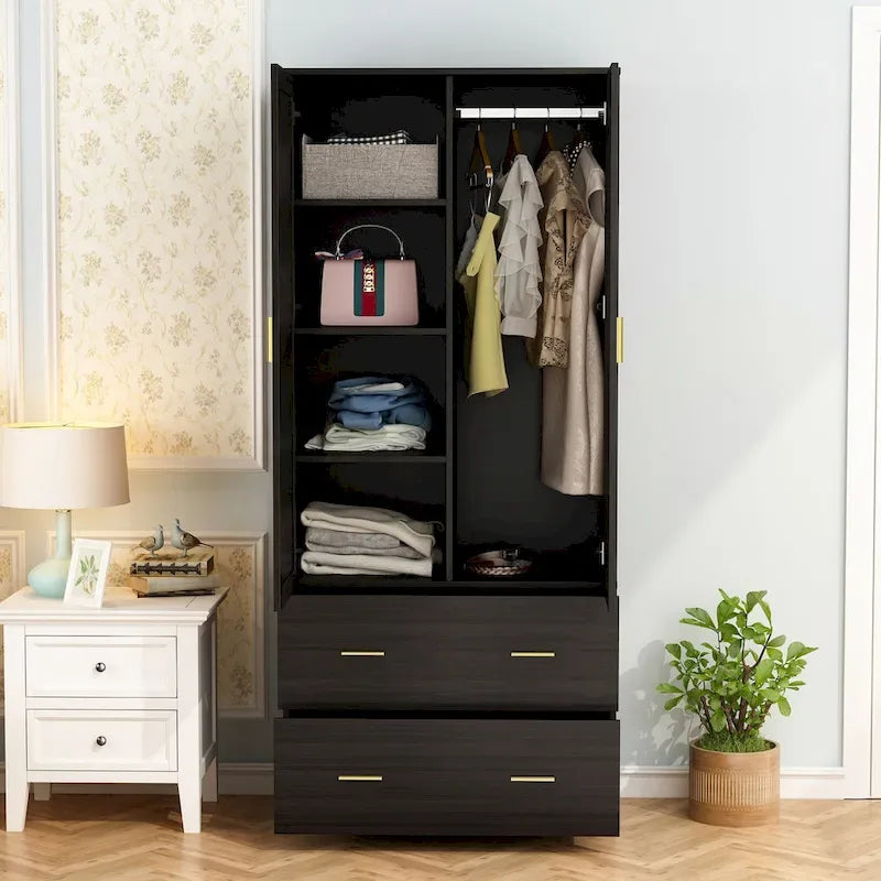 31.5W x 72H Two Door Wardrobe With Mirror White/Dark Brown Armoires - 31.5W x 72H