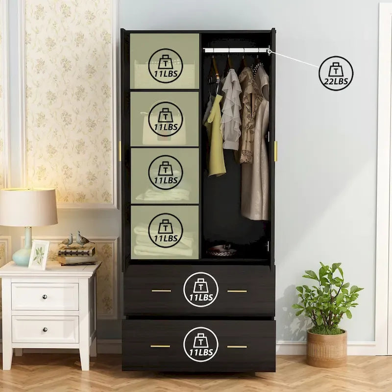 31.5W x 72H Two Door Wardrobe With Mirror White/Dark Brown Armoires - 31.5W x 72H